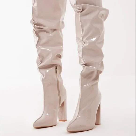 PrettyLittleThing Cream Vinyl Over-the-Knee Block Heel Boots - Picture 1 of 4